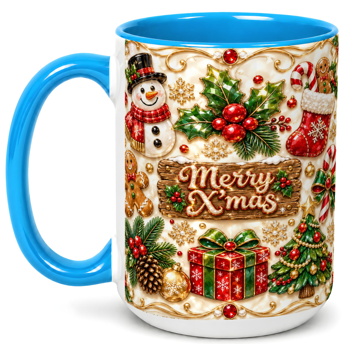#pl[15oz|Blue] Christmas Snowman Coffee Mug, Holiday Mug, Ceramic Cup