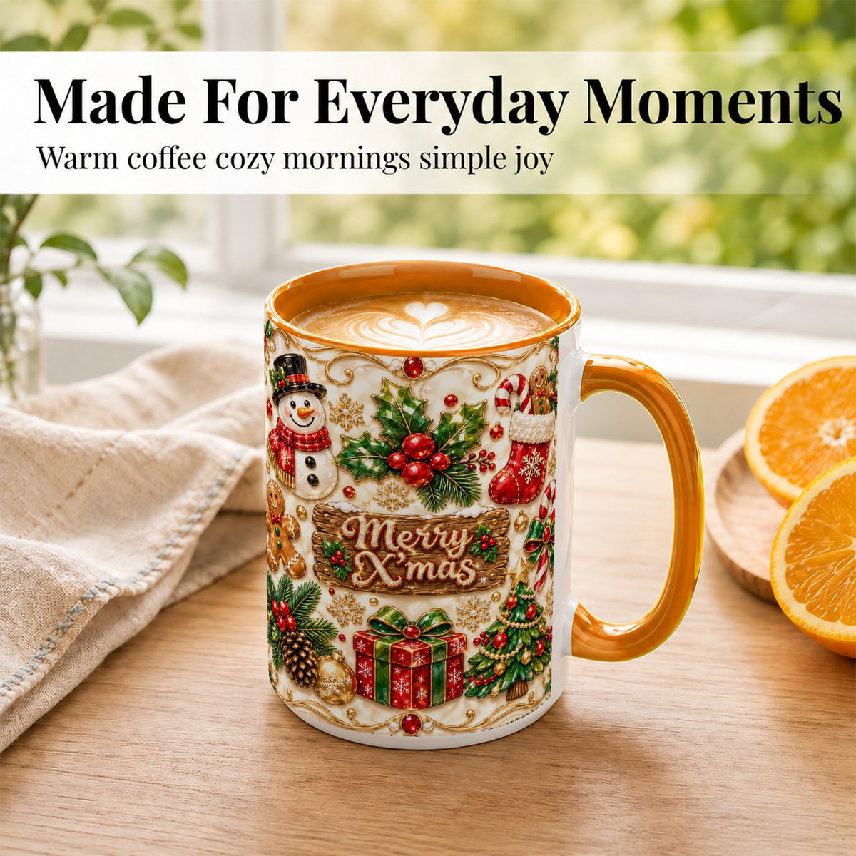 #pl[15oz|Orange] Christmas Snowman Coffee Mug, Holiday Mug, Ceramic Cup