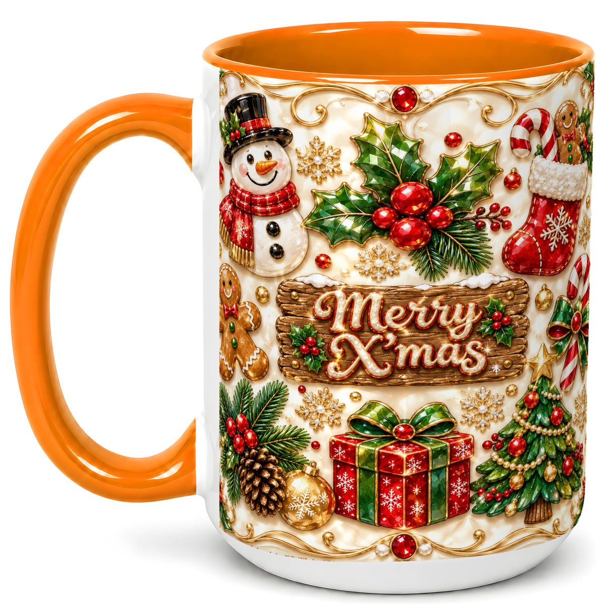 #pl[15oz|Orange] Christmas Snowman Coffee Mug, Holiday Mug, Ceramic Cup