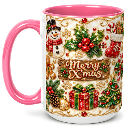 #pl[15oz|Pink] Christmas Snowman Coffee Mug, Holiday Mug, Ceramic Cup