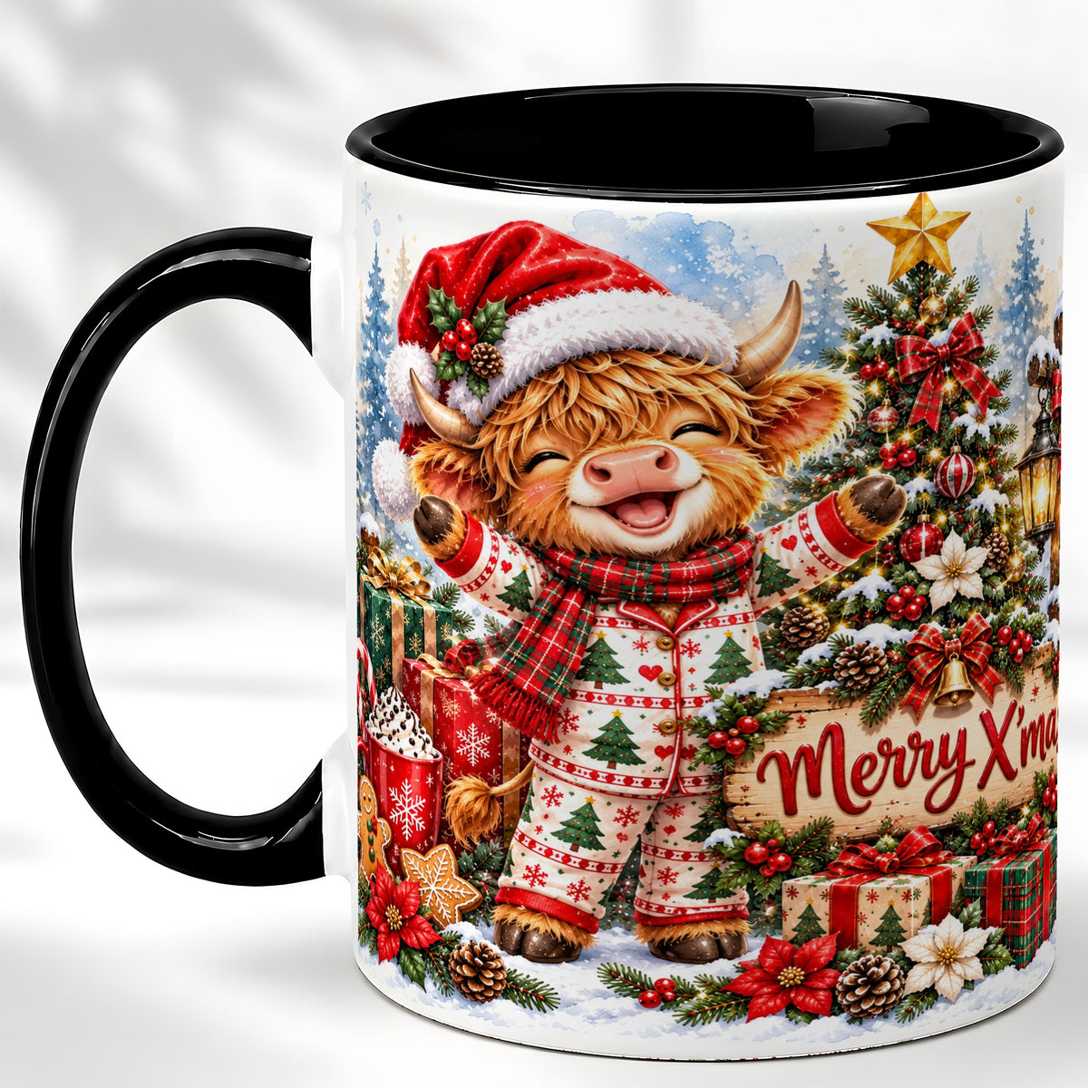 #pl[11oz|Black] Highland Cow Christmas Coffee Mug, Holiday Cow Mug, Ceramic Cup