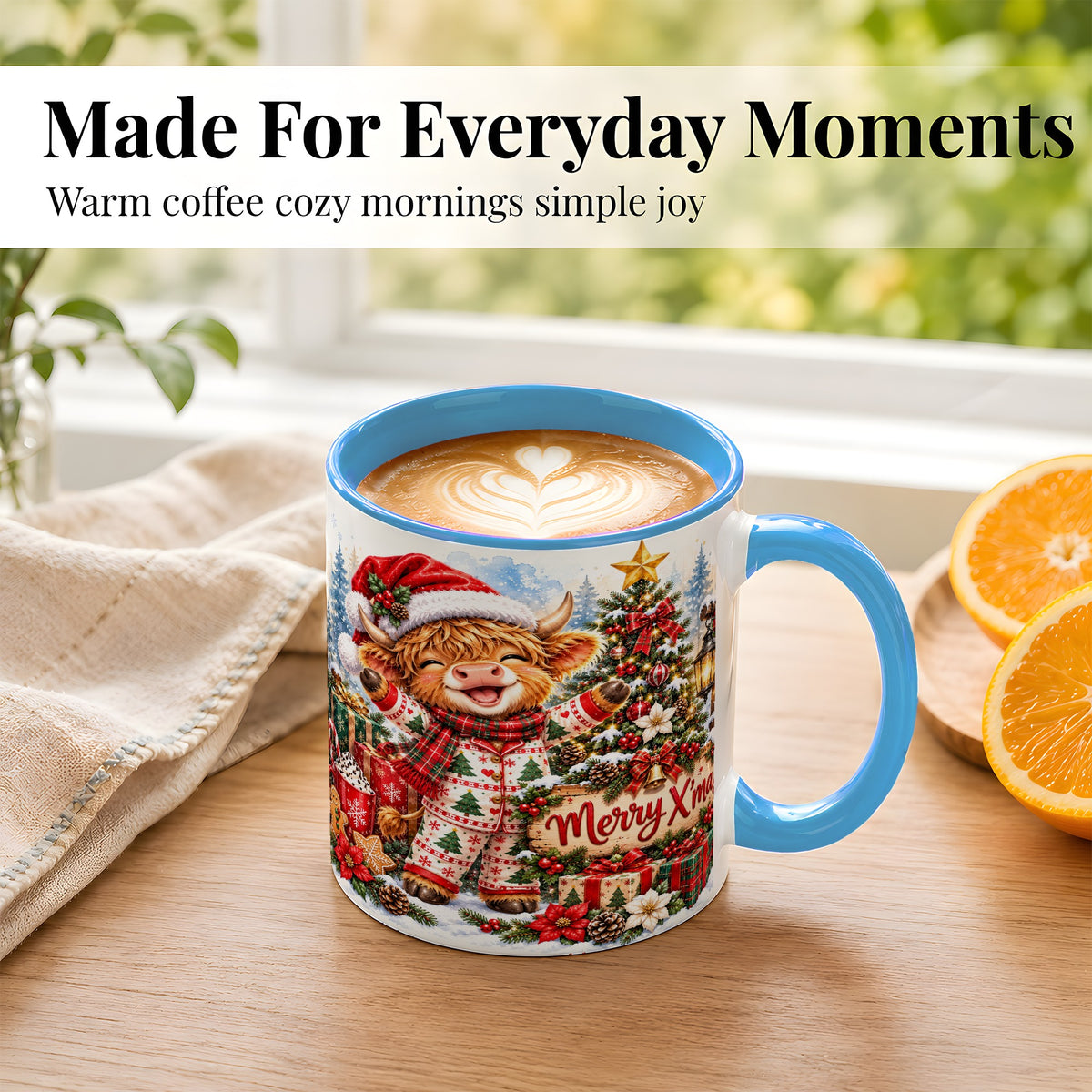 #pl[11oz|Blue] Highland Cow Christmas Coffee Mug, Holiday Cow Mug, Ceramic Cup