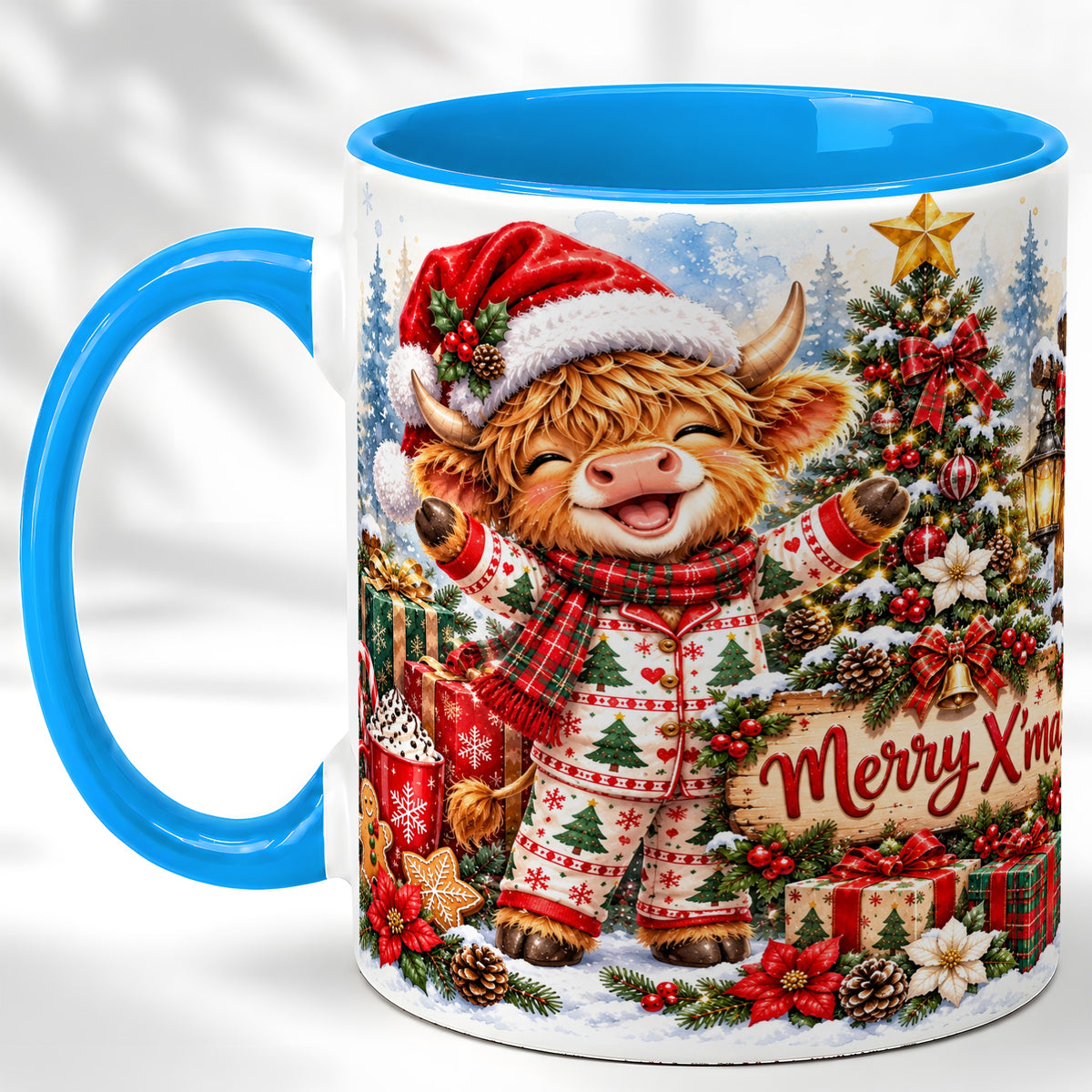 #pl[11oz|Blue] Highland Cow Christmas Coffee Mug, Holiday Cow Mug, Ceramic Cup