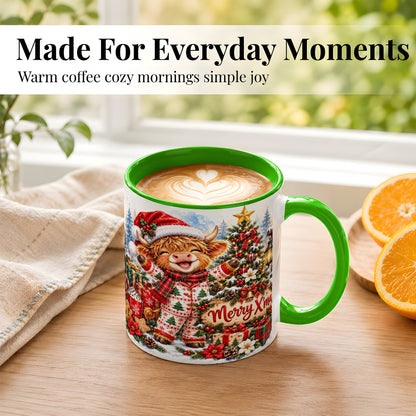 #pl[11oz|Green] Highland Cow Christmas Coffee Mug, Holiday Cow Mug, Ceramic Cup