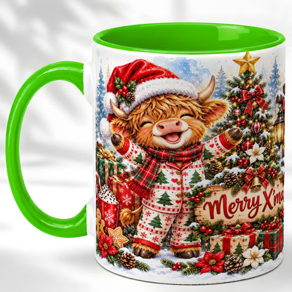 #pl[11oz|Green] Highland Cow Christmas Coffee Mug, Holiday Cow Mug, Ceramic Cup