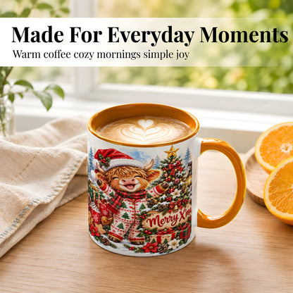 #pl[11oz|Orange] Highland Cow Christmas Coffee Mug, Holiday Cow Mug, Ceramic Cup