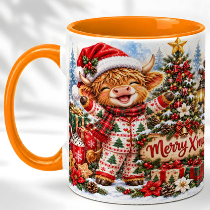 #pl[11oz|Orange] Highland Cow Christmas Coffee Mug, Holiday Cow Mug, Ceramic Cup