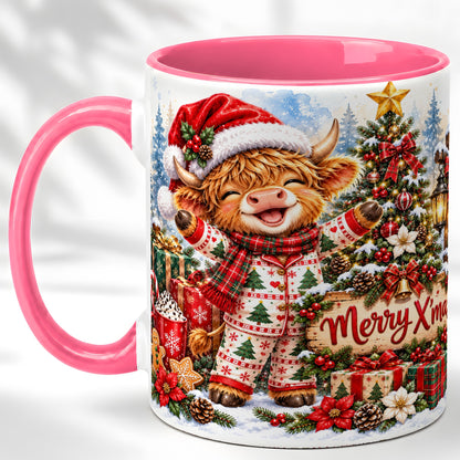 #pl[11oz|Pink] Highland Cow Christmas Coffee Mug, Holiday Cow Mug, Ceramic Cup