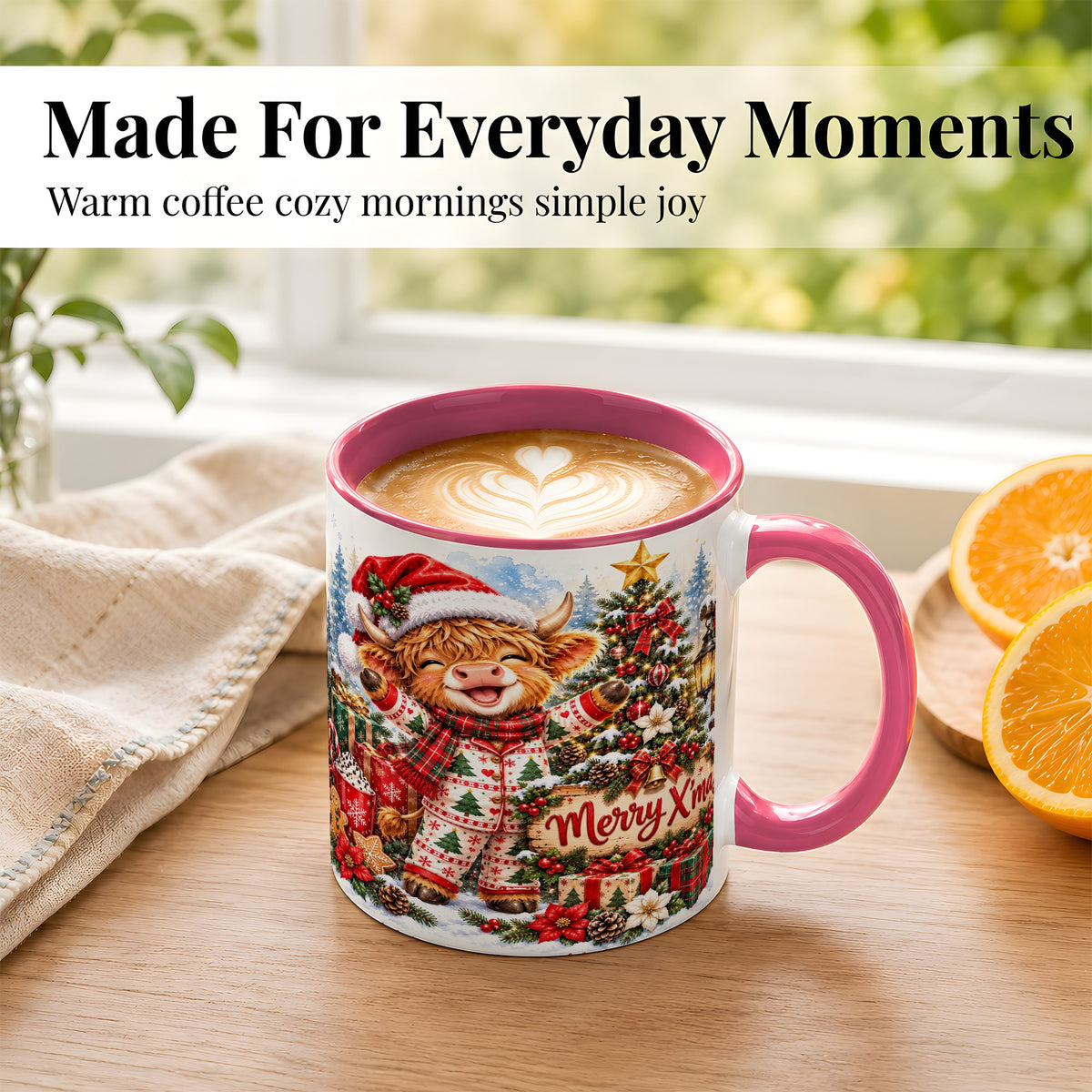 #pl[11oz|Pink] Highland Cow Christmas Coffee Mug, Holiday Cow Mug, Ceramic Cup