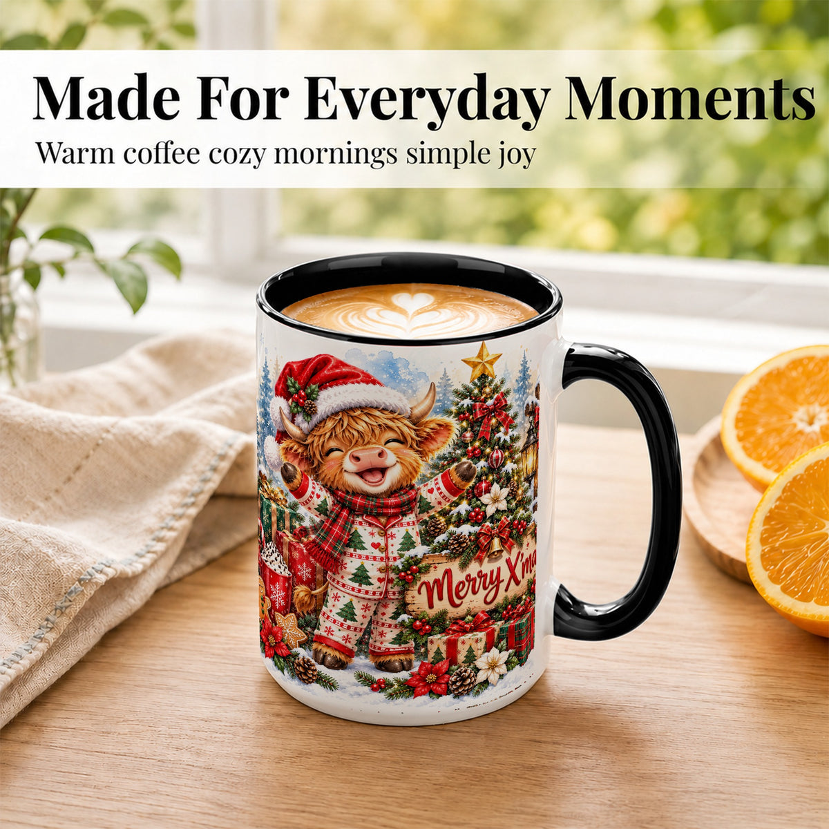 #pl[15oz|Black] Highland Cow Christmas Coffee Mug, Holiday Cow Mug, Ceramic Cup