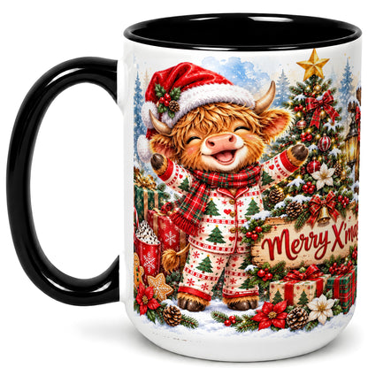 #pl[15oz|Black] Highland Cow Christmas Coffee Mug, Holiday Cow Mug, Ceramic Cup