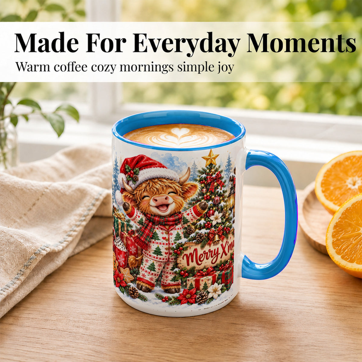#pl[15oz|Blue] Highland Cow Christmas Coffee Mug, Holiday Cow Mug, Ceramic Cup
