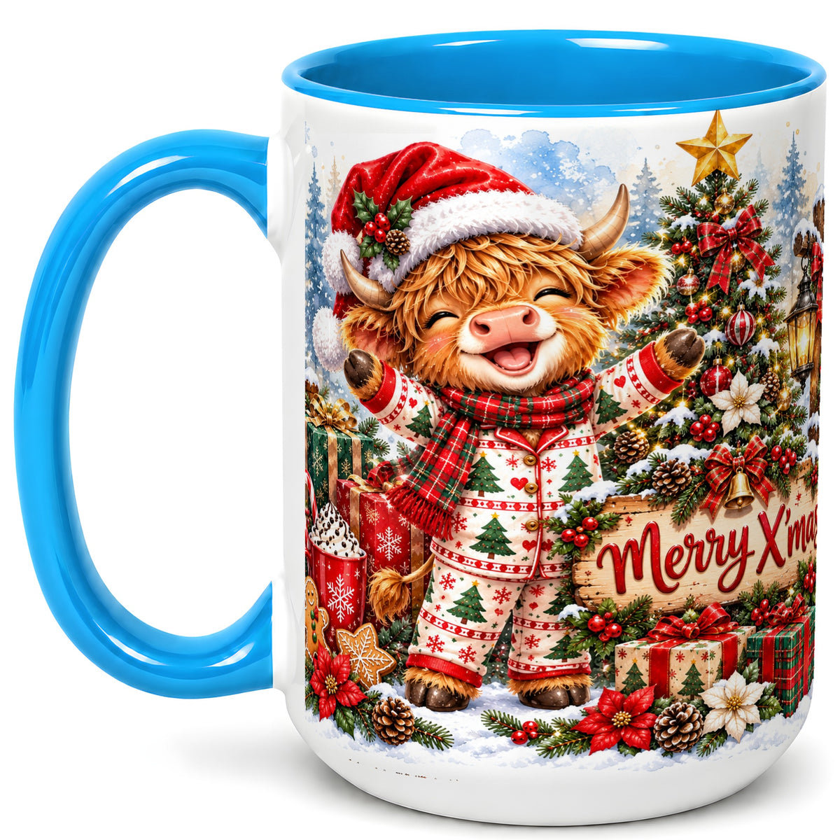 #pl[15oz|Blue] Highland Cow Christmas Coffee Mug, Holiday Cow Mug, Ceramic Cup