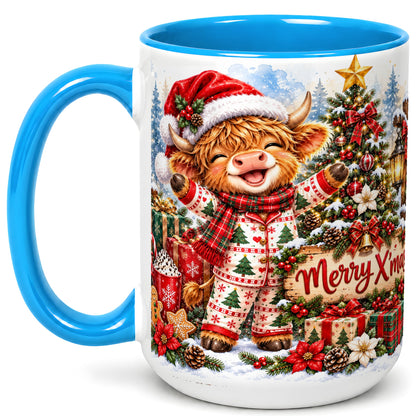 #pl[15oz|Blue] Highland Cow Christmas Coffee Mug, Holiday Cow Mug, Ceramic Cup