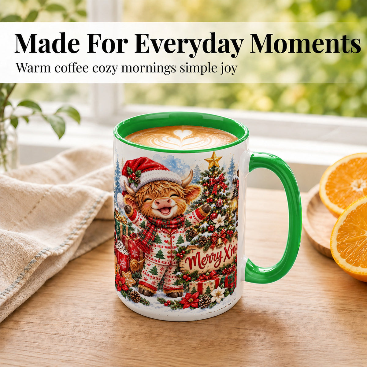 #pl[15oz|Green] Highland Cow Christmas Coffee Mug, Holiday Cow Mug, Ceramic Cup