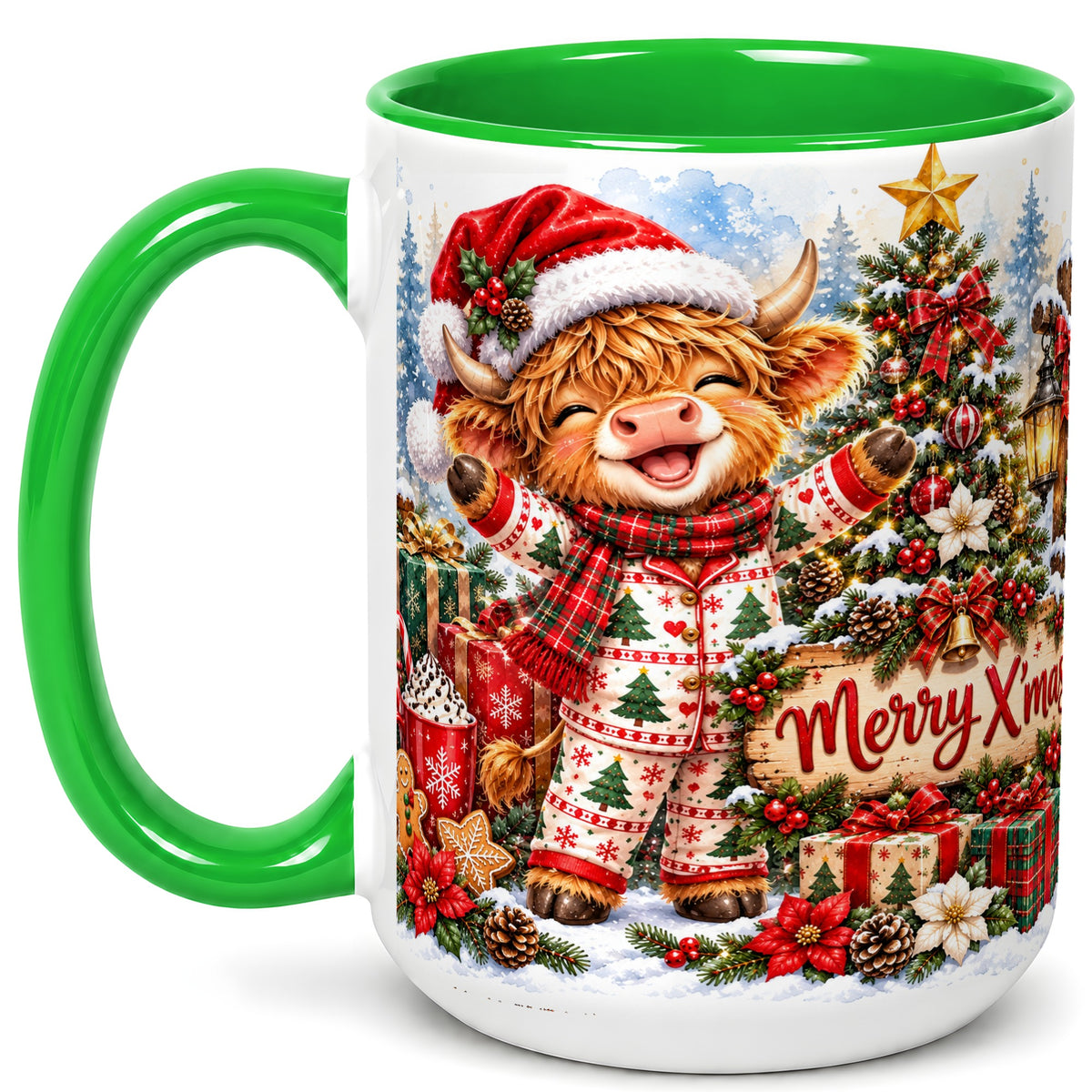 #pl[15oz|Green] Highland Cow Christmas Coffee Mug, Holiday Cow Mug, Ceramic Cup