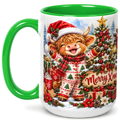 #pl[15oz|Green] Highland Cow Christmas Coffee Mug, Holiday Cow Mug, Ceramic Cup