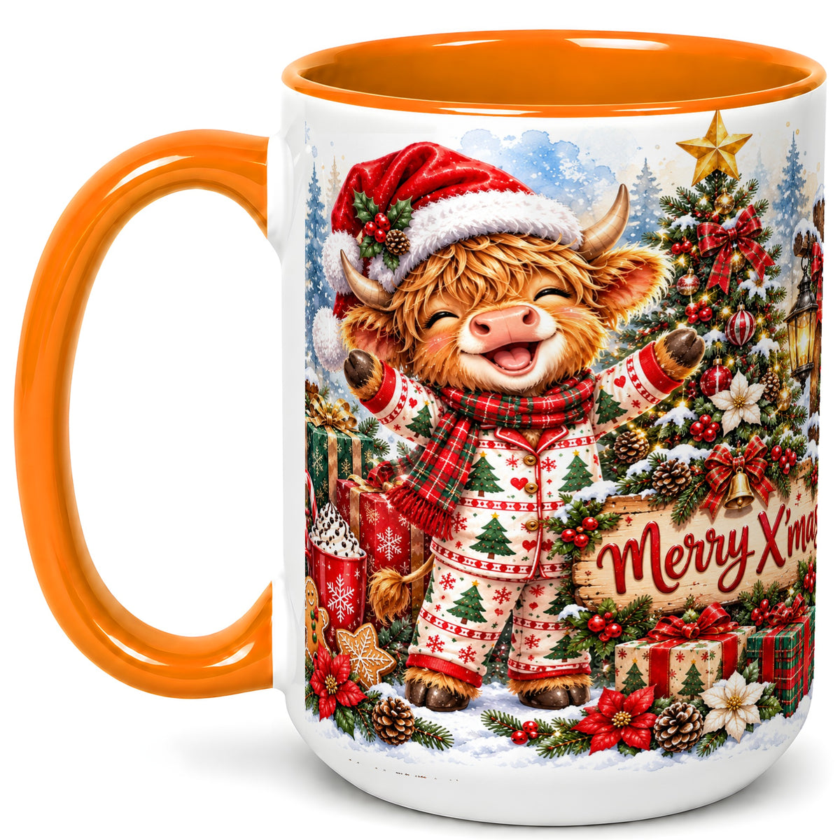 #pl[15oz|Orange] Highland Cow Christmas Coffee Mug, Holiday Cow Mug, Ceramic Cup