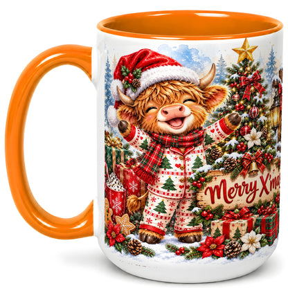 #pl[15oz|Orange] Highland Cow Christmas Coffee Mug, Holiday Cow Mug, Ceramic Cup