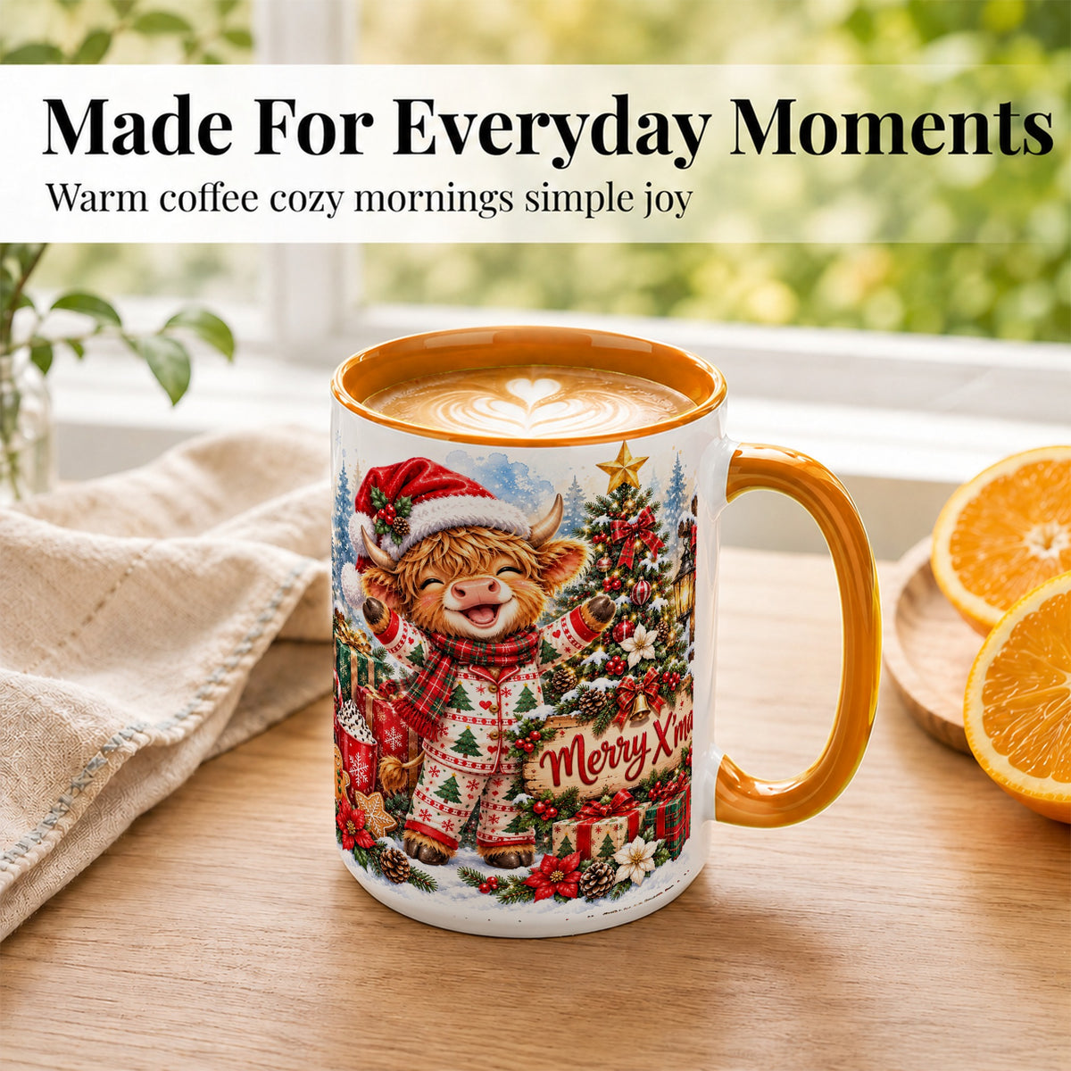 #pl[15oz|Orange] Highland Cow Christmas Coffee Mug, Holiday Cow Mug, Ceramic Cup