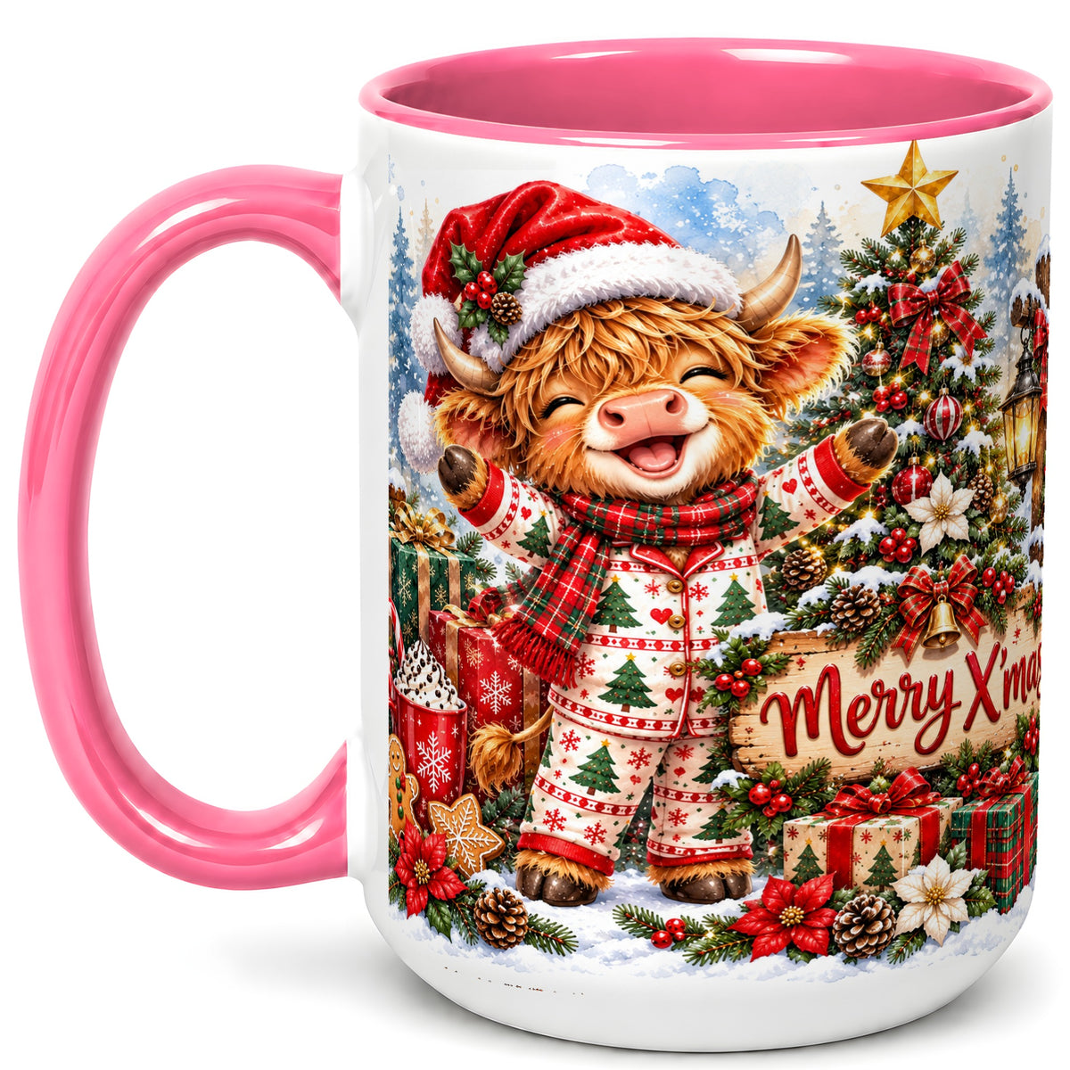 #pl[15oz|Pink] Highland Cow Christmas Coffee Mug, Holiday Cow Mug, Ceramic Cup