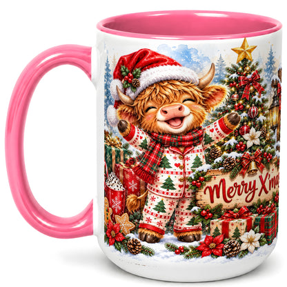 #pl[15oz|Pink] Highland Cow Christmas Coffee Mug, Holiday Cow Mug, Ceramic Cup