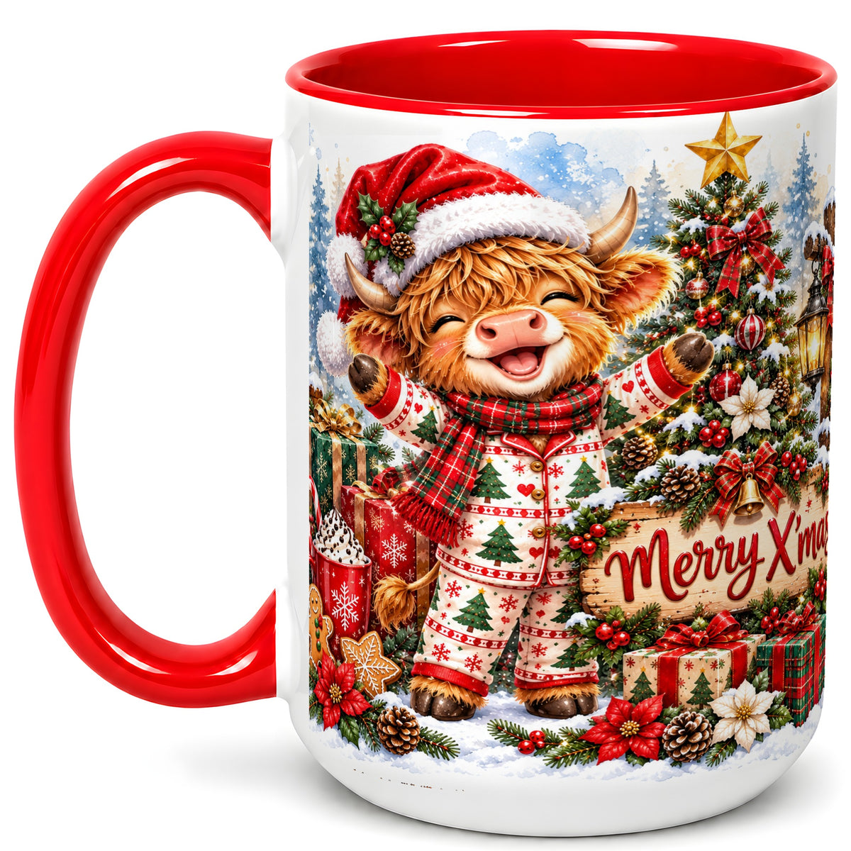 #pl[15oz|Red] Highland Cow Christmas Coffee Mug, Holiday Cow Mug, Ceramic Cup