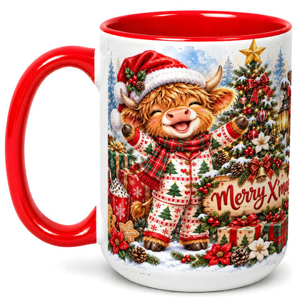 #pl[15oz|Red] Highland Cow Christmas Coffee Mug, Holiday Cow Mug, Ceramic Cup