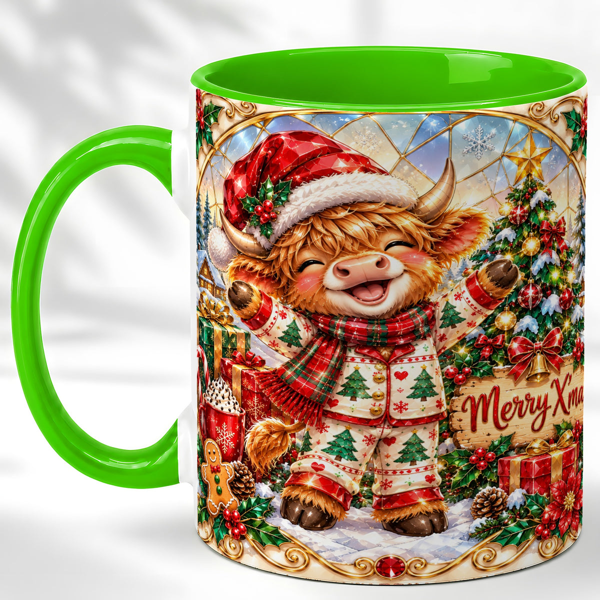 #pl[11oz|Green] Highland Cow Christmas Coffee Mug, Winter Cow Mug, Ceramic Cup
