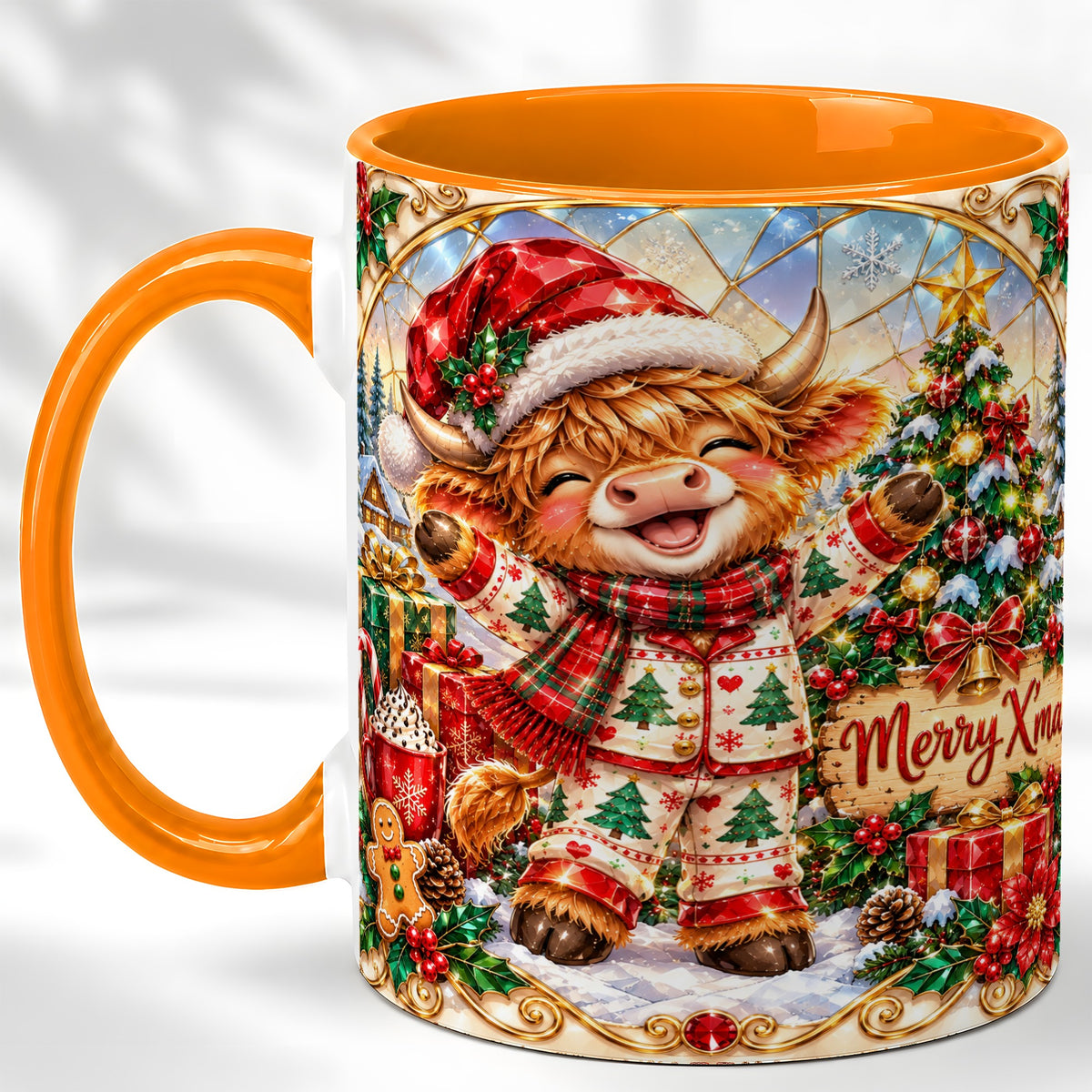 #pl[11oz|Orange] Highland Cow Christmas Coffee Mug, Winter Cow Mug, Ceramic Cup
