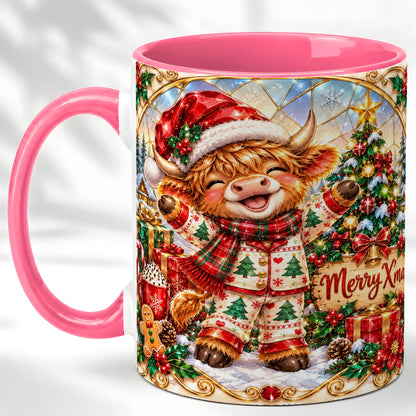 #pl[11oz|Pink] Highland Cow Christmas Coffee Mug, Winter Cow Mug, Ceramic Cup