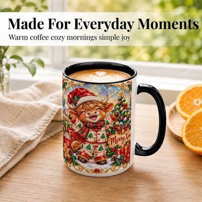 #pl[15oz|Black] Highland Cow Christmas Coffee Mug, Winter Cow Mug, Ceramic Cup