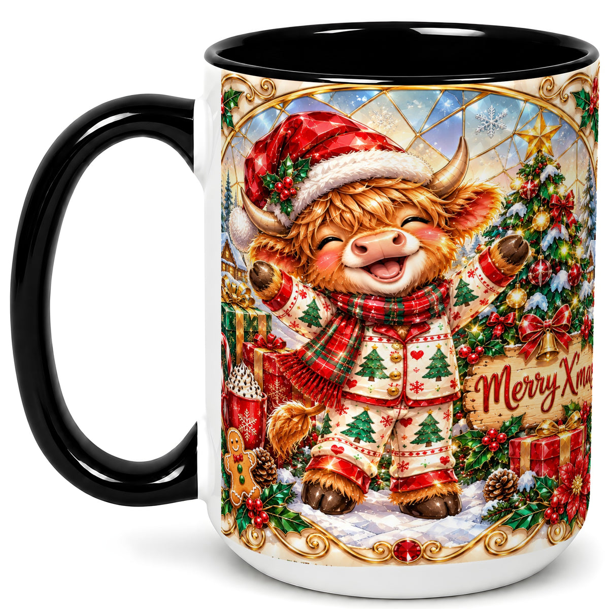 #pl[15oz|Black] Highland Cow Christmas Coffee Mug, Winter Cow Mug, Ceramic Cup