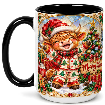 #pl[15oz|Black] Highland Cow Christmas Coffee Mug, Winter Cow Mug, Ceramic Cup