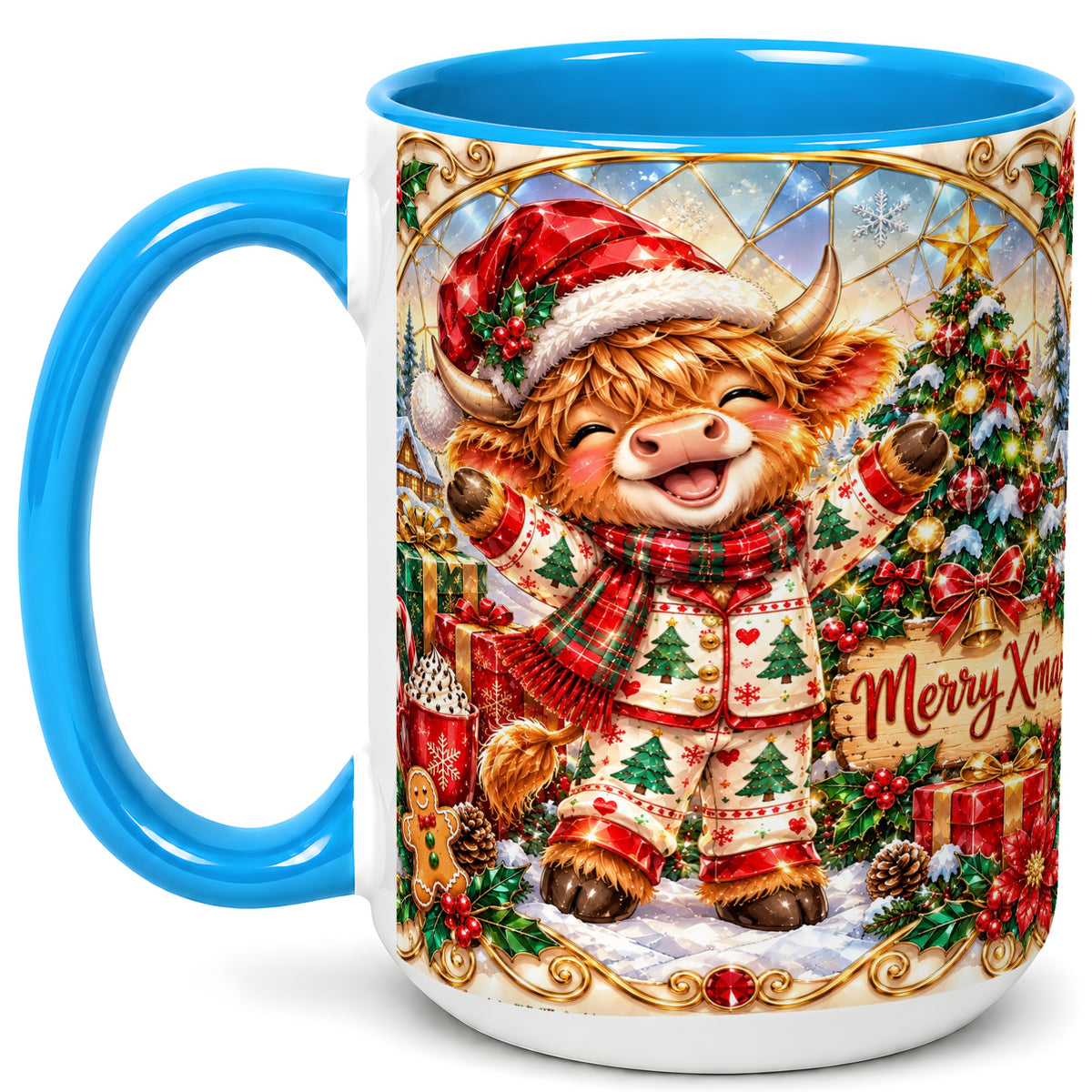 #pl[15oz|Blue] Highland Cow Christmas Coffee Mug, Winter Cow Mug, Ceramic Cup