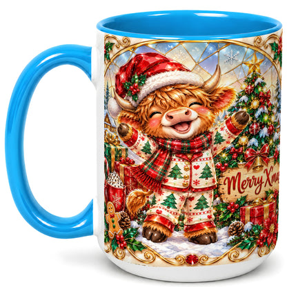 #pl[15oz|Blue] Highland Cow Christmas Coffee Mug, Winter Cow Mug, Ceramic Cup