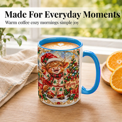 #pl[15oz|Blue] Highland Cow Christmas Coffee Mug, Winter Cow Mug, Ceramic Cup