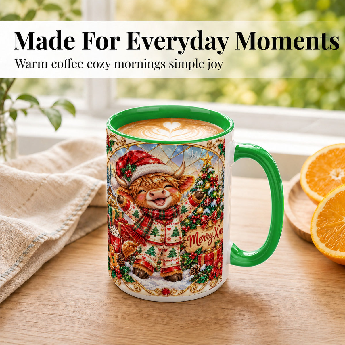 #pl[15oz|Green] Highland Cow Christmas Coffee Mug, Winter Cow Mug, Ceramic Cup
