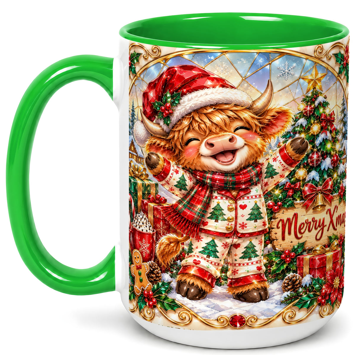#pl[15oz|Green] Highland Cow Christmas Coffee Mug, Winter Cow Mug, Ceramic Cup