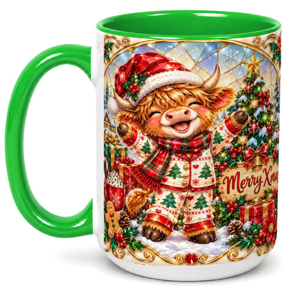 #pl[15oz|Green] Highland Cow Christmas Coffee Mug, Winter Cow Mug, Ceramic Cup
