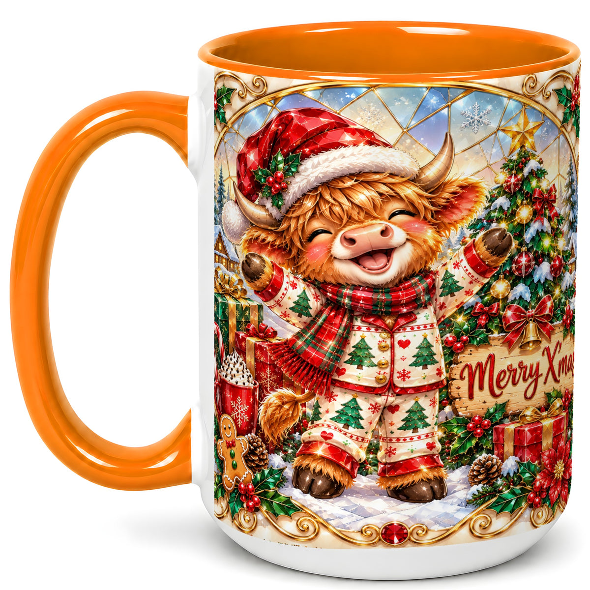 #pl[15oz|Orange] Highland Cow Christmas Coffee Mug, Winter Cow Mug, Ceramic Cup
