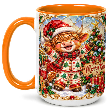 #pl[15oz|Orange] Highland Cow Christmas Coffee Mug, Winter Cow Mug, Ceramic Cup