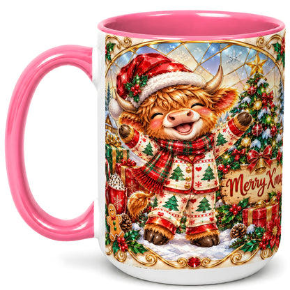 #pl[15oz|Pink] Highland Cow Christmas Coffee Mug, Winter Cow Mug, Ceramic Cup