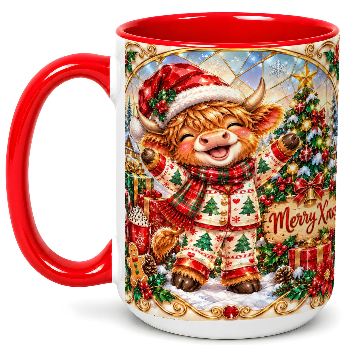 #pl[15oz|Red] Highland Cow Christmas Coffee Mug, Winter Cow Mug, Ceramic Cup