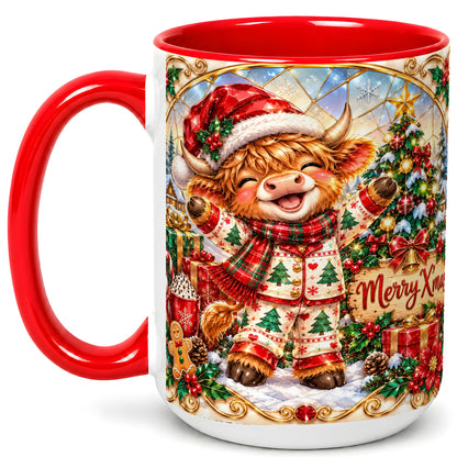 #pl[15oz|Red] Highland Cow Christmas Coffee Mug, Winter Cow Mug, Ceramic Cup