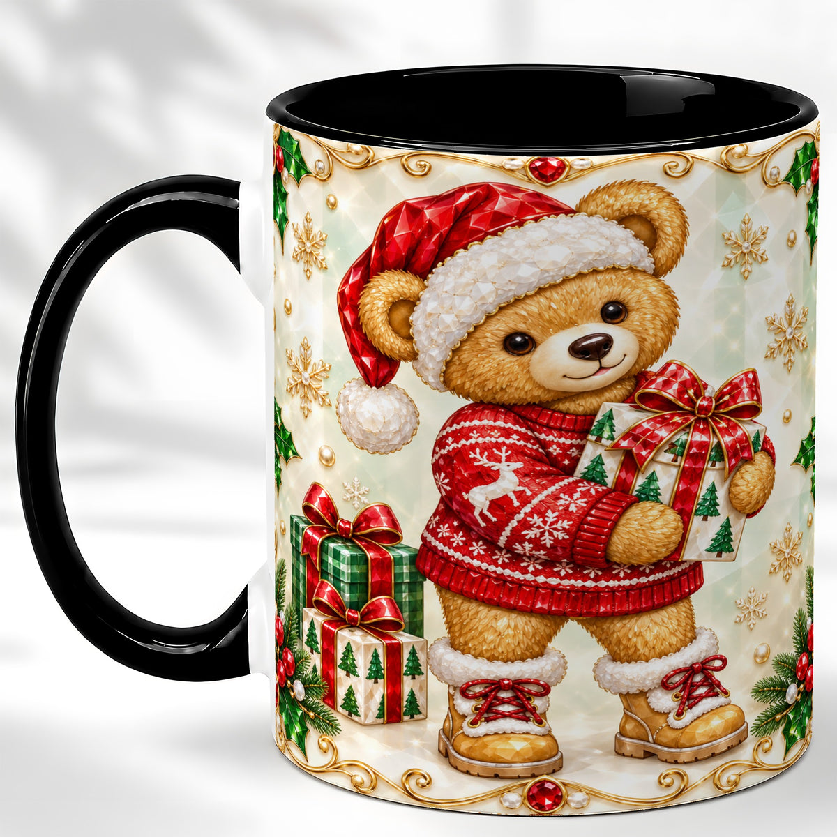 #pl[11oz|Black] Christmas Teddy Bear Coffee Mug, Holiday Bear Mug, Ceramic Cup
