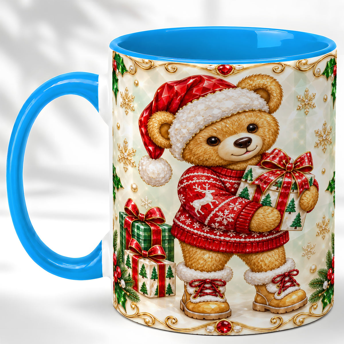 #pl[11oz|Blue] Christmas Teddy Bear Coffee Mug, Holiday Bear Mug, Ceramic Cup