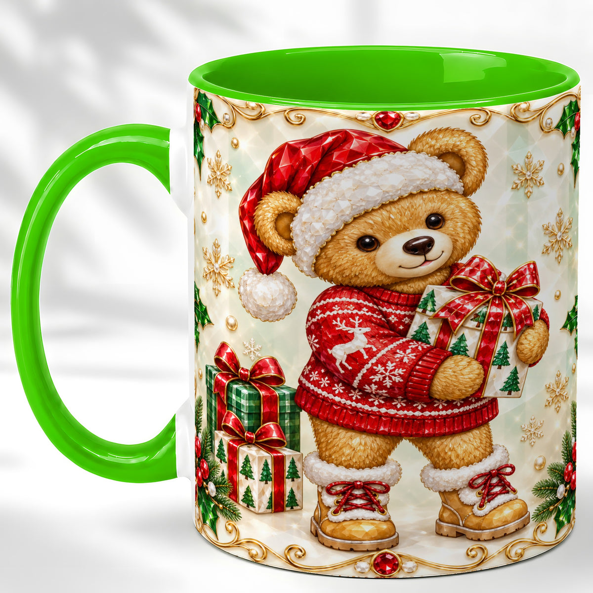 #pl[11oz|Green] Christmas Teddy Bear Coffee Mug, Holiday Bear Mug, Ceramic Cup