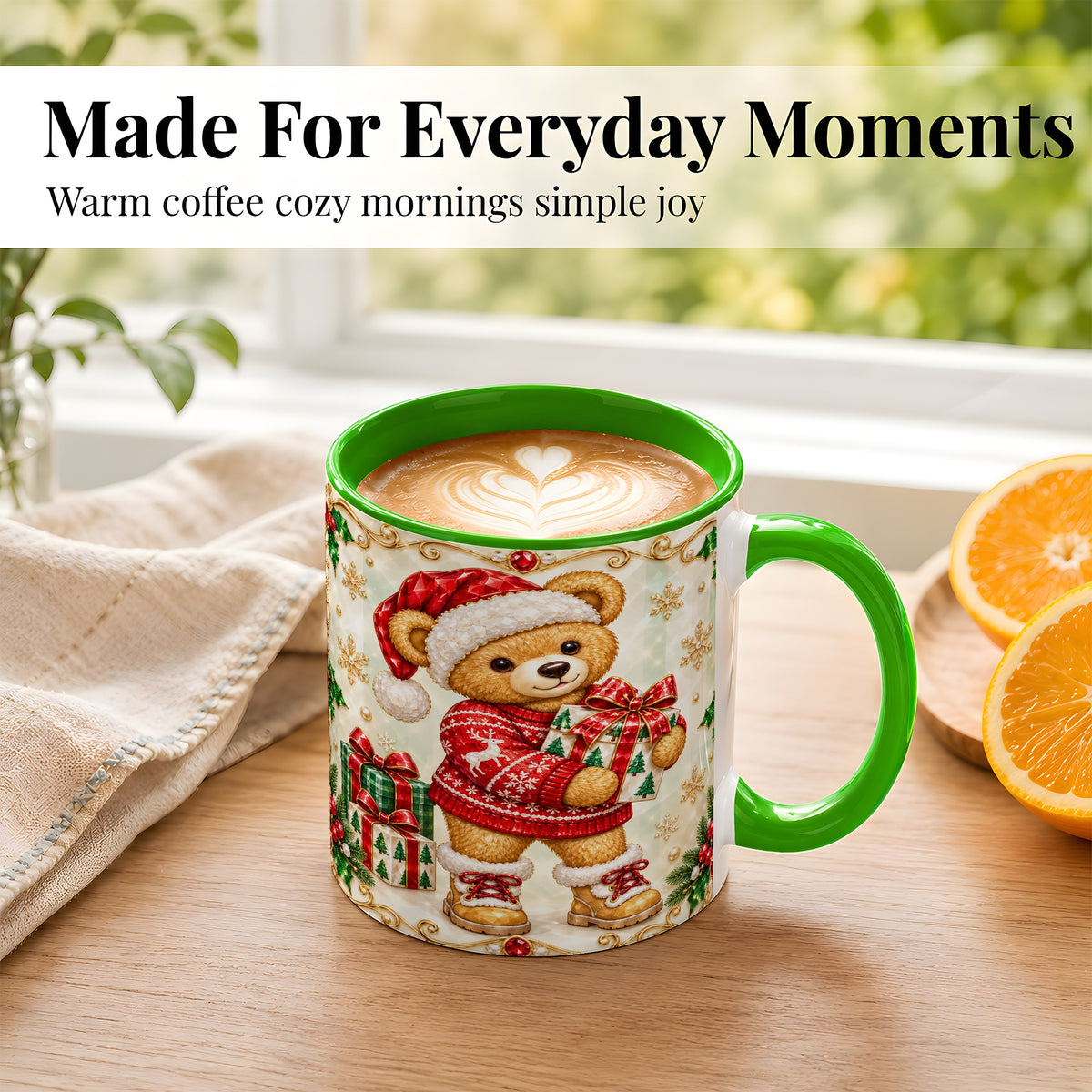#pl[11oz|Green] Christmas Teddy Bear Coffee Mug, Holiday Bear Mug, Ceramic Cup