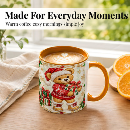 #pl[11oz|Orange] Christmas Teddy Bear Coffee Mug, Holiday Bear Mug, Ceramic Cup